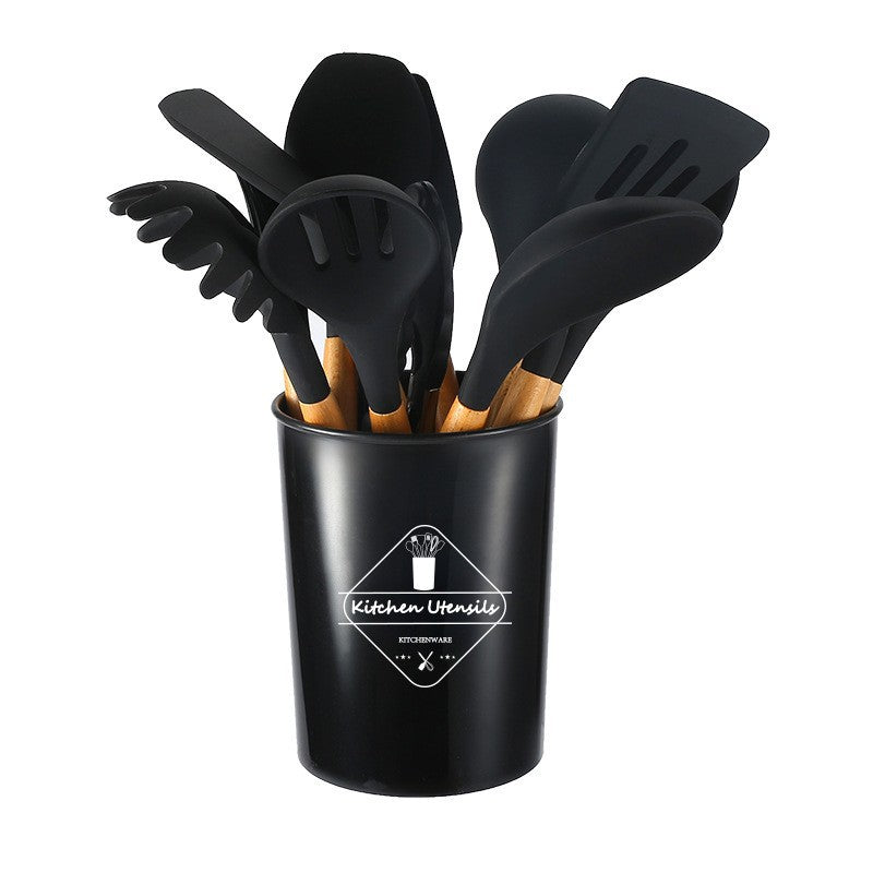 Wooden Handle Kitchenware 12 Piece Set FDA Silicone Non-stick Cooking Shovel Spoon Baking Suit With Storage Barrel